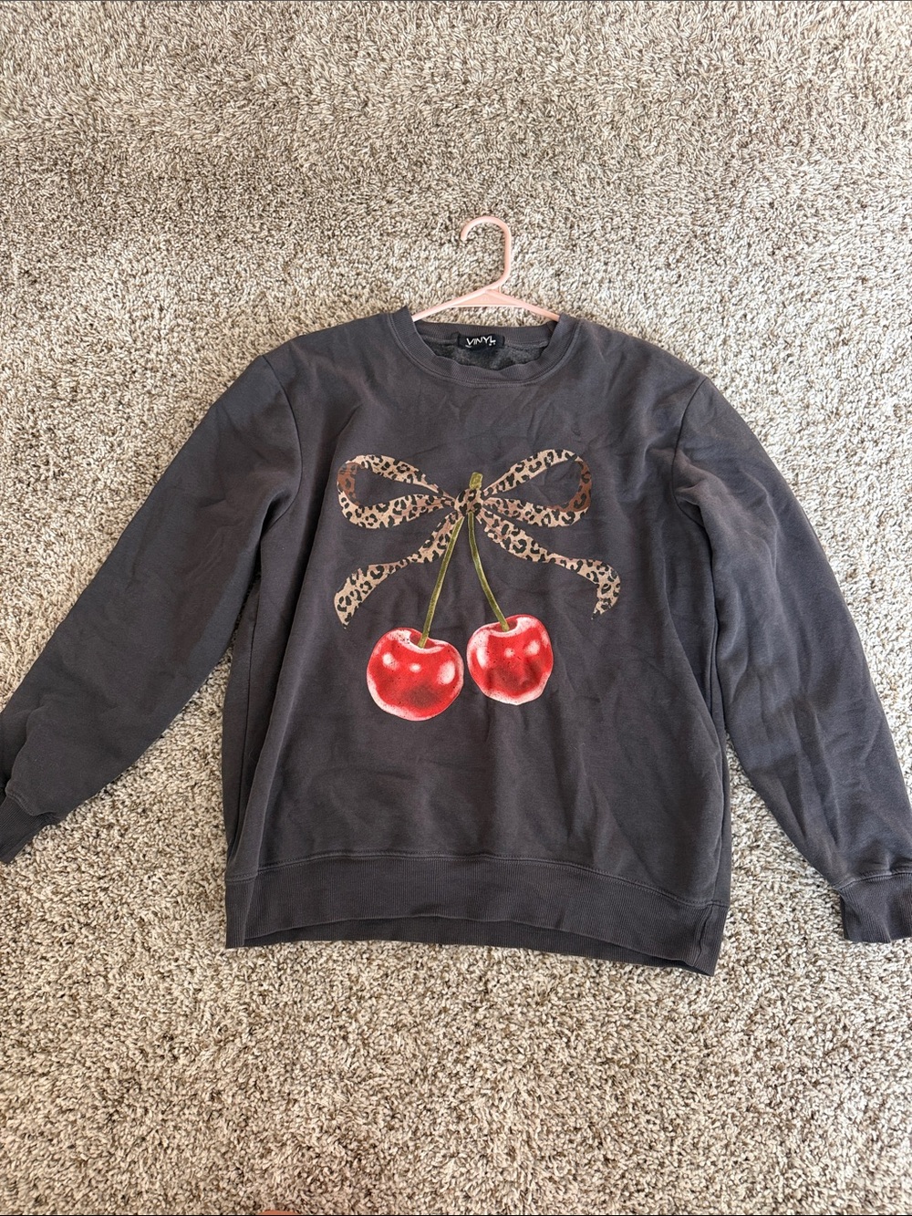 Black Crewneck Sweatshirt with Cherry & Leopard Bow Graphic